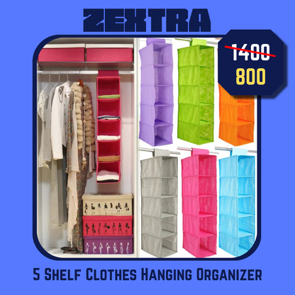 5 Shelf Clothes Hanging Organizer | Foldable Wardrobe Section Storage | Durable Fabric & Plastic